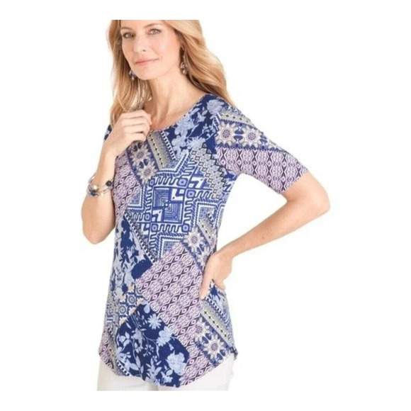 Chicos Womens Blouse Tunic Size 1 Geometric Floral Blue Round Neck Short Sleeve - Picture 1 of 14